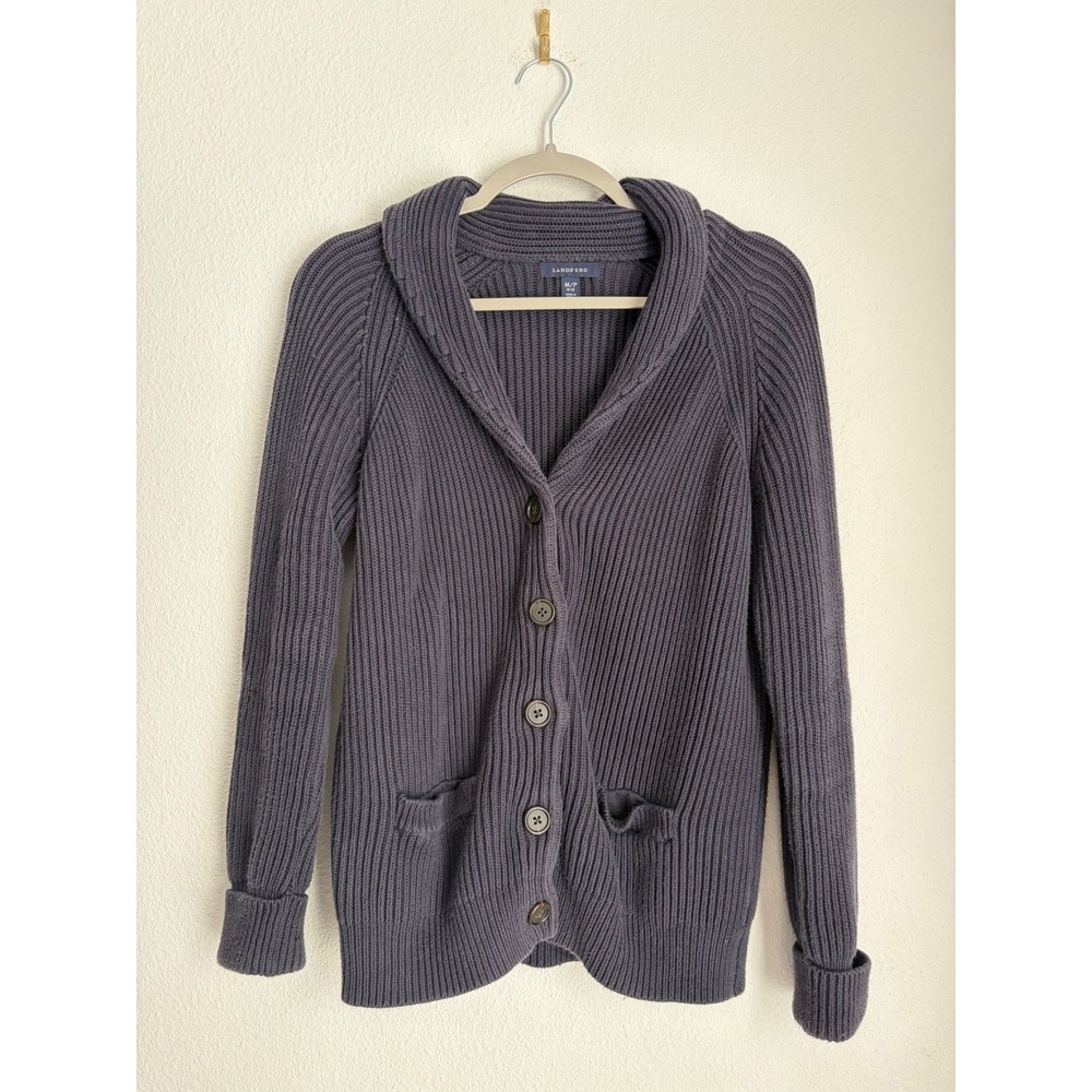 Lands End Drifter Cardigan Sweater Womens Medium Petite Shawl Collar Ribbed Knit - Picture 2 of 4
